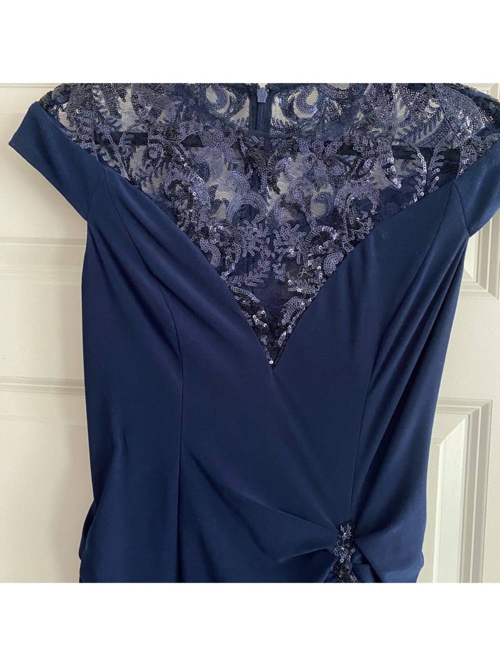 Adrianna Papell Elegant Navy Evening Gown with Lace Yoke